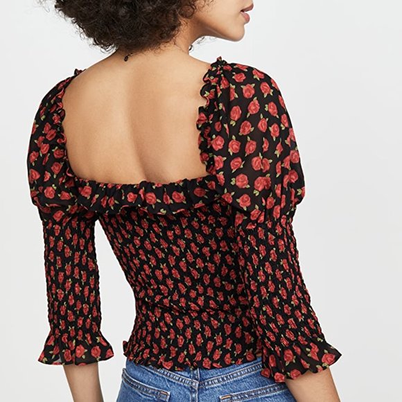 Reformation Tops - Reformation Julie Top in Cassandra, Black with Rose Print, Size Medium